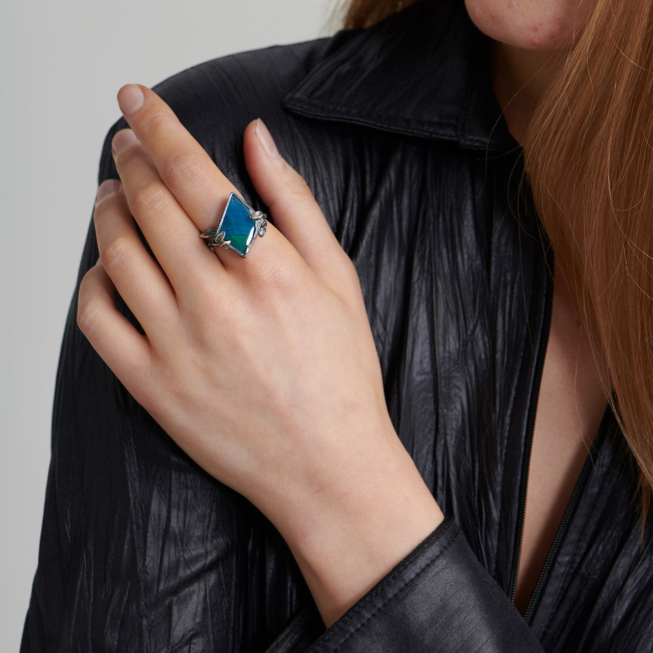 Holly Suzanna Clifford Paintly green and blue resin oxidised sterling silver diamond shaped ring
