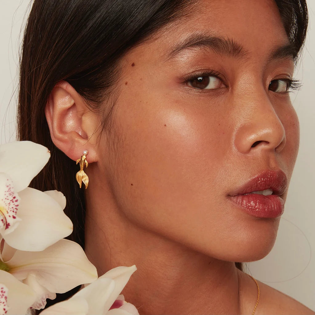 22k Gold Plated Solid Koi Earrings with Freshwater Pearls