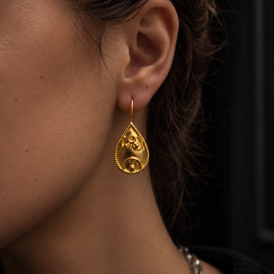 Gold Ornate Teardrop Hook Earrings