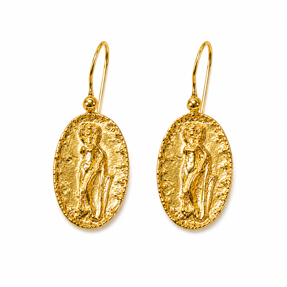 Gold Vermeil Embossed Roman Woman Drop Hook Earrings
