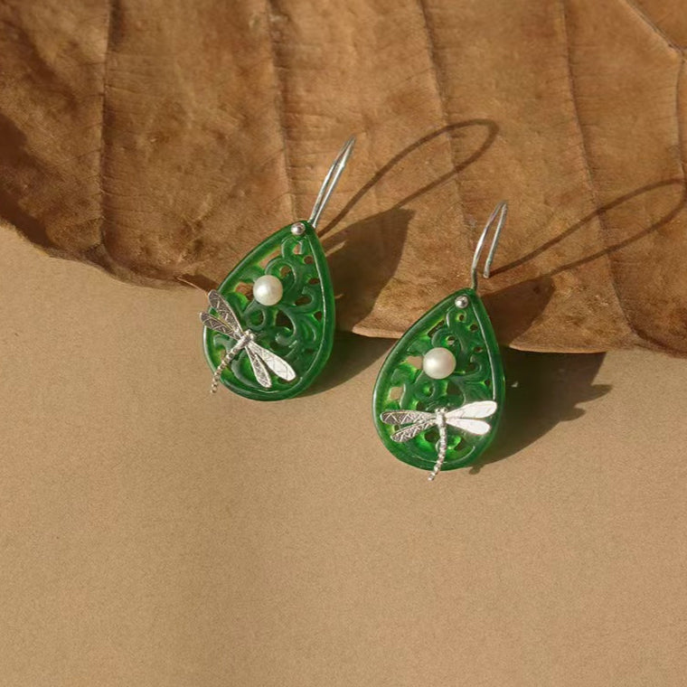 Green Jade Garden with Pearl Dragonfly Silver Drop Earrings