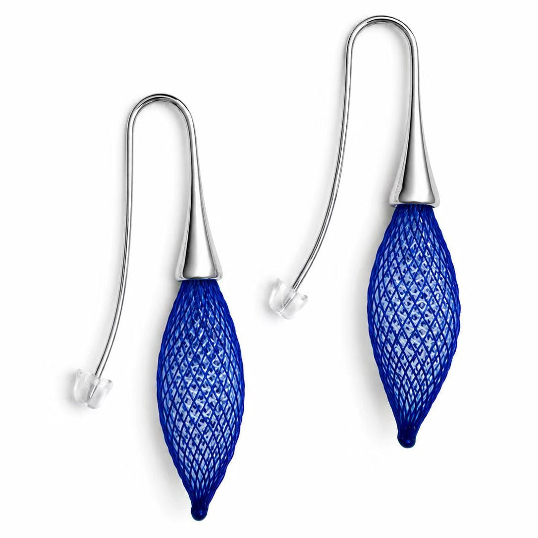 Dark Blue and Ice Blue Silver Epineuse Leaf Drop Earrings