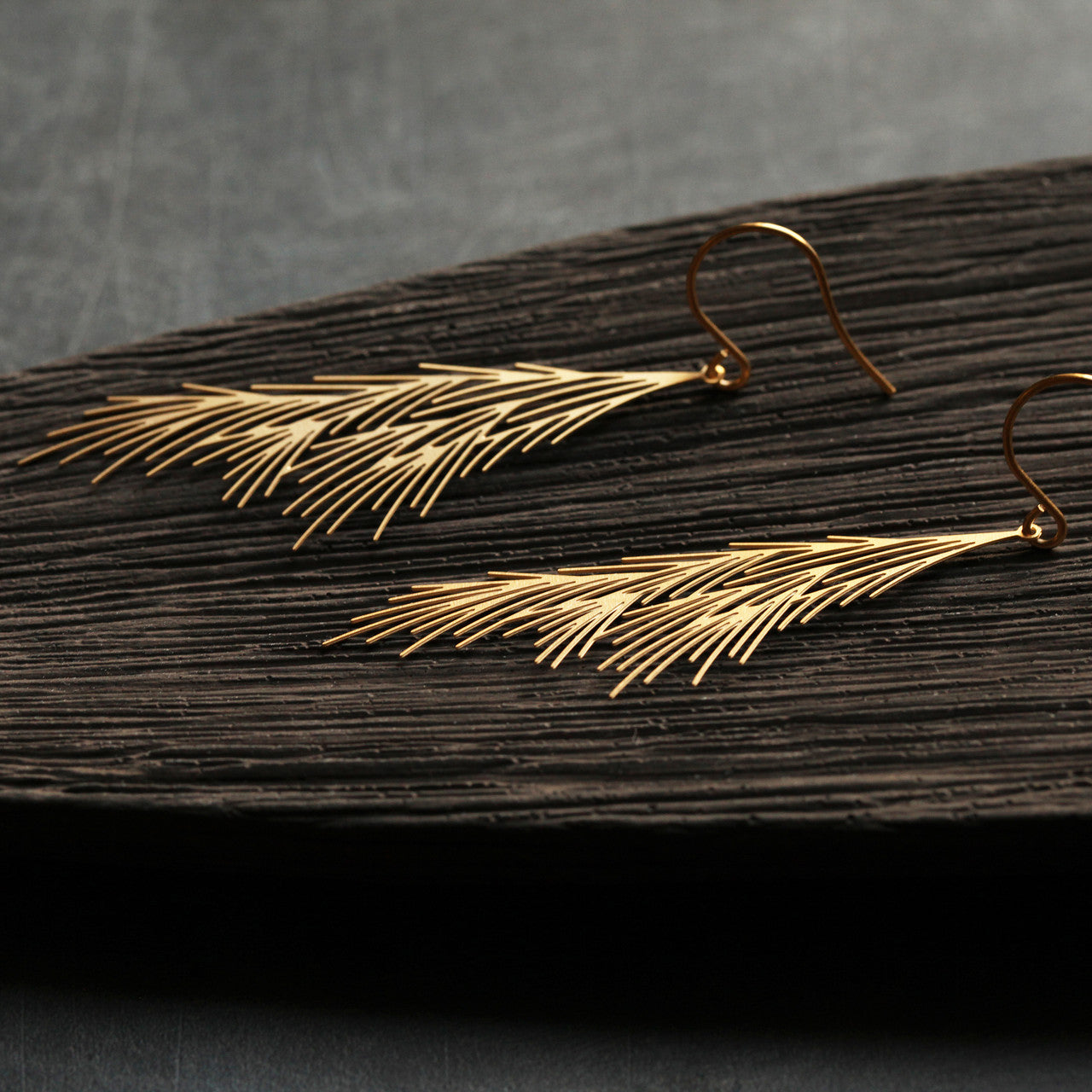 Moorigin jewellery Common Reed gold earrings, laser cut, delicate, boutique, Edinburgh