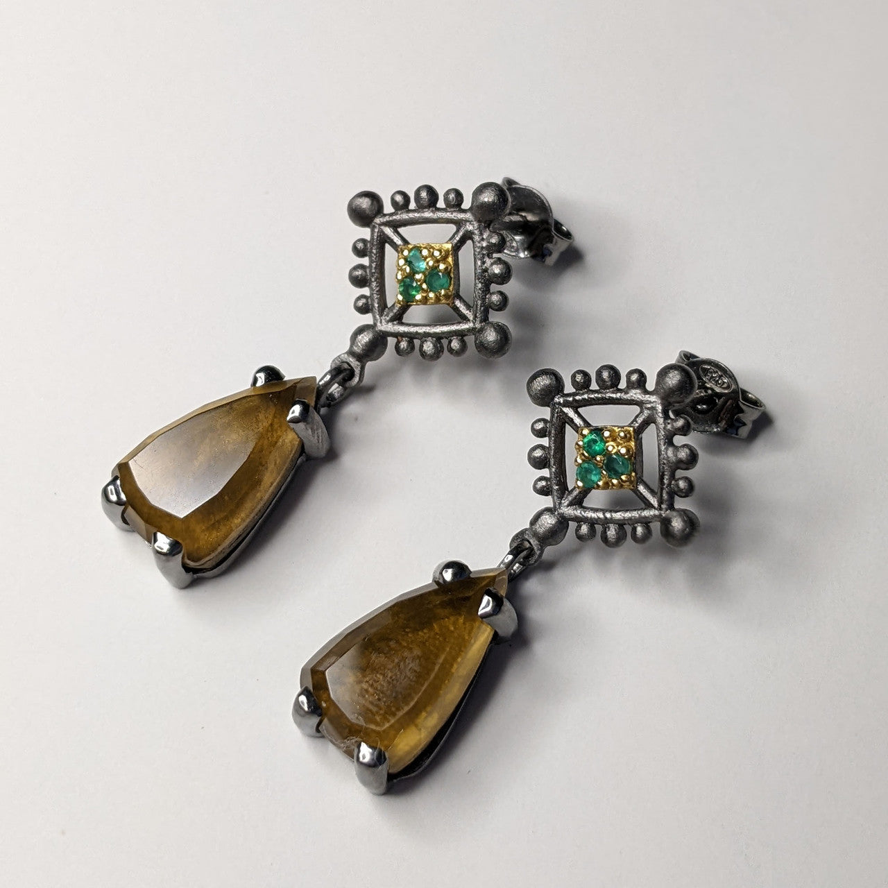 Elsa Mouzaki oxidised silver and tiger's eye drop earring studs