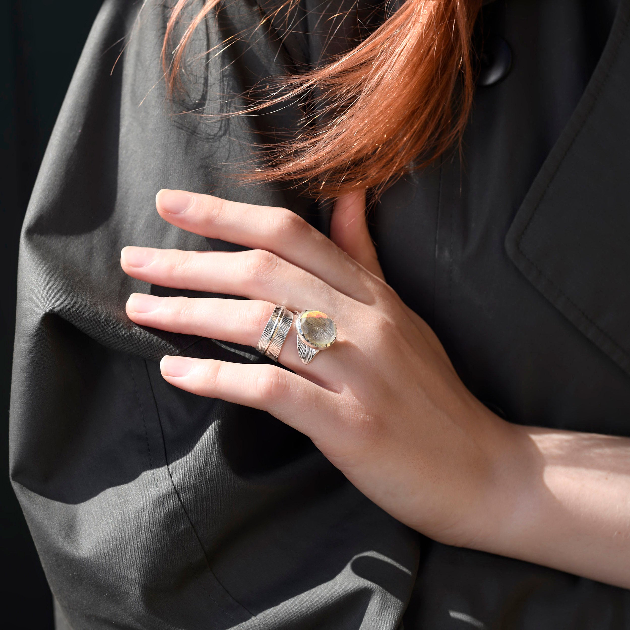Sterling Silver Feather Wrap Ring with Rainbow Quartz