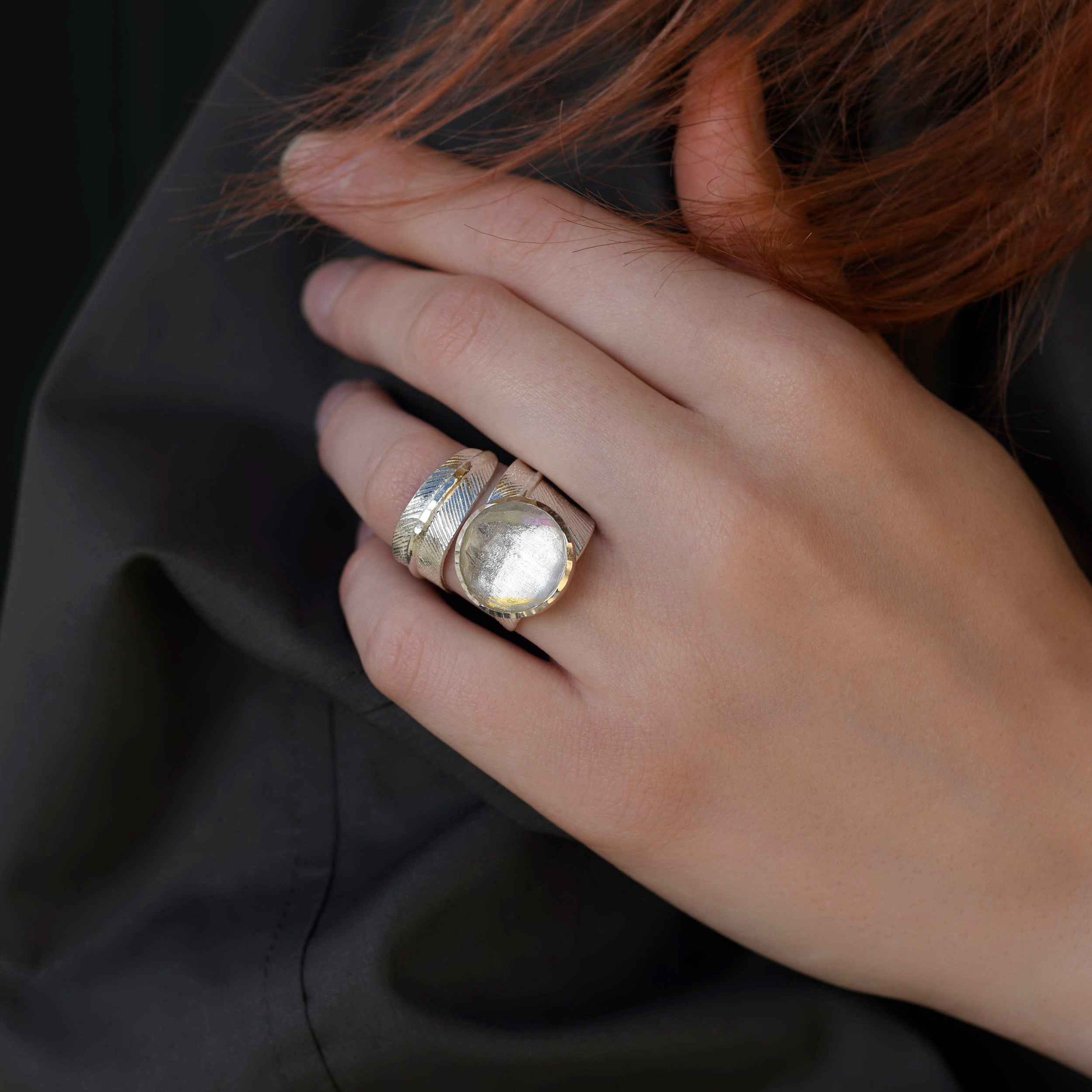 Sterling Silver Feather Wrap Ring with Rainbow Quartz