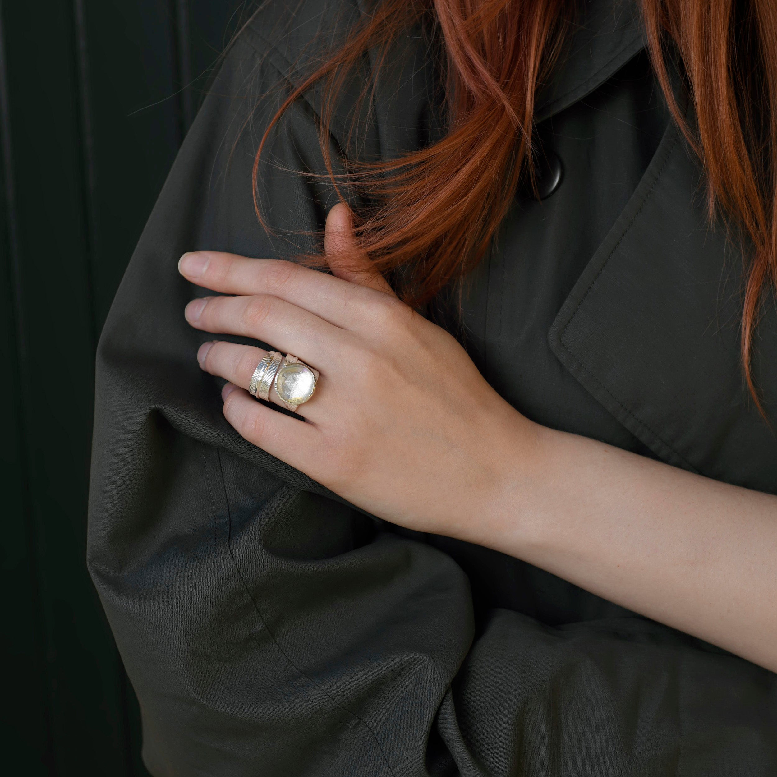 Sterling Silver Feather Wrap Ring with Rainbow Quartz