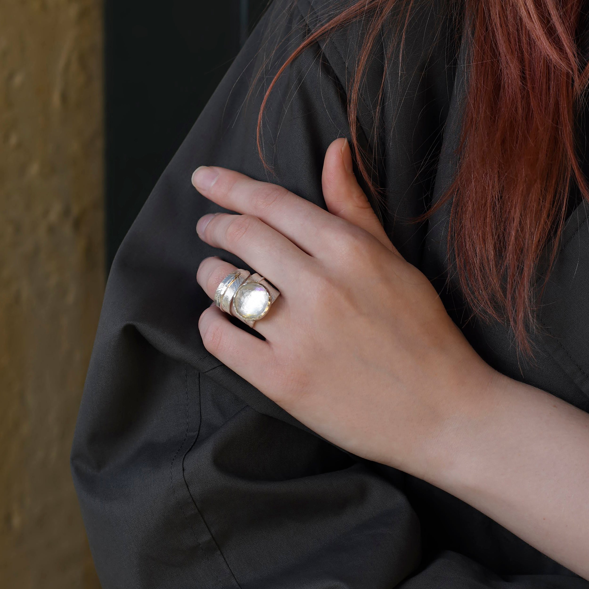 Sterling Silver Feather Wrap Ring with Rainbow Quartz