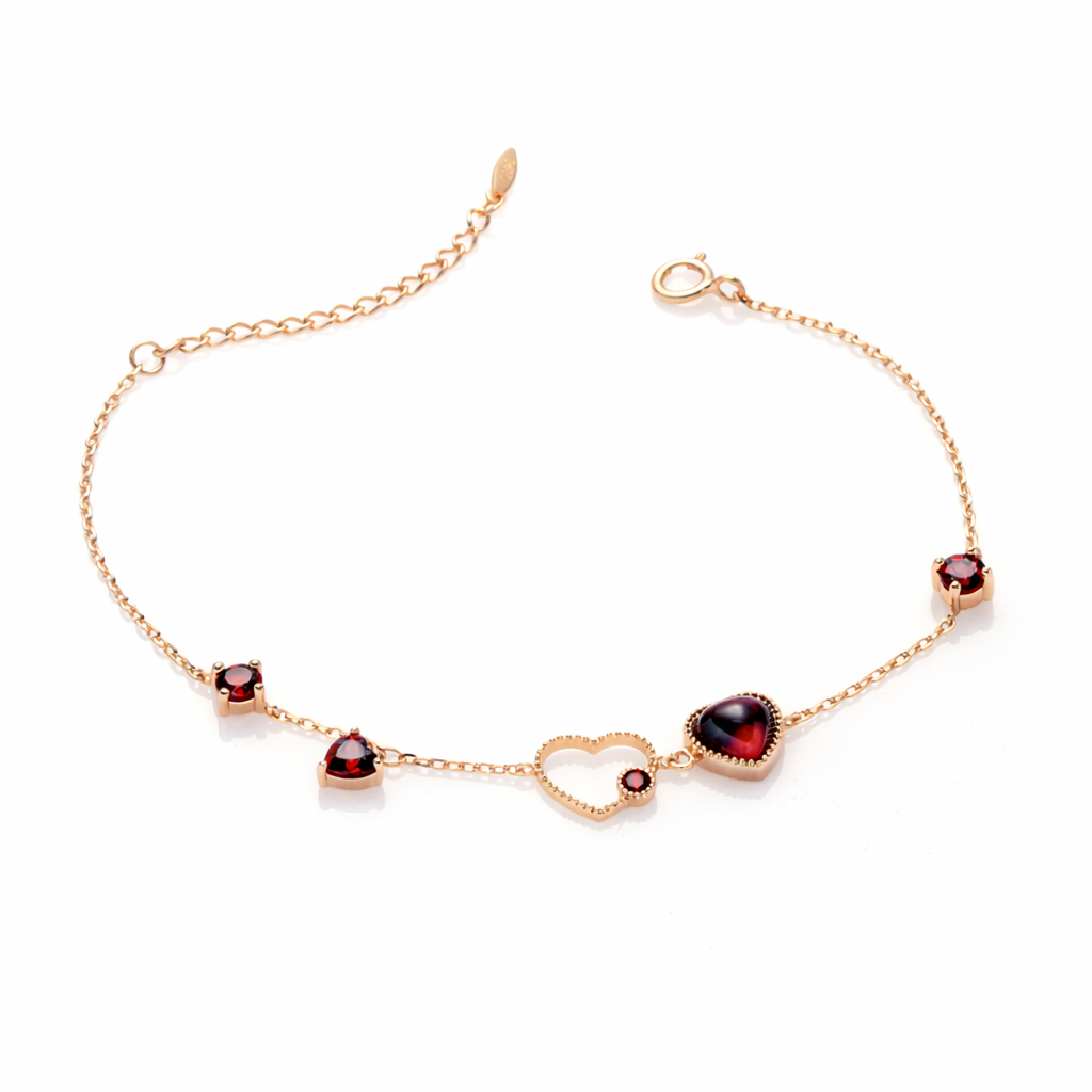 Rose Gold Silver Red Garnet Love Heart Bracelet