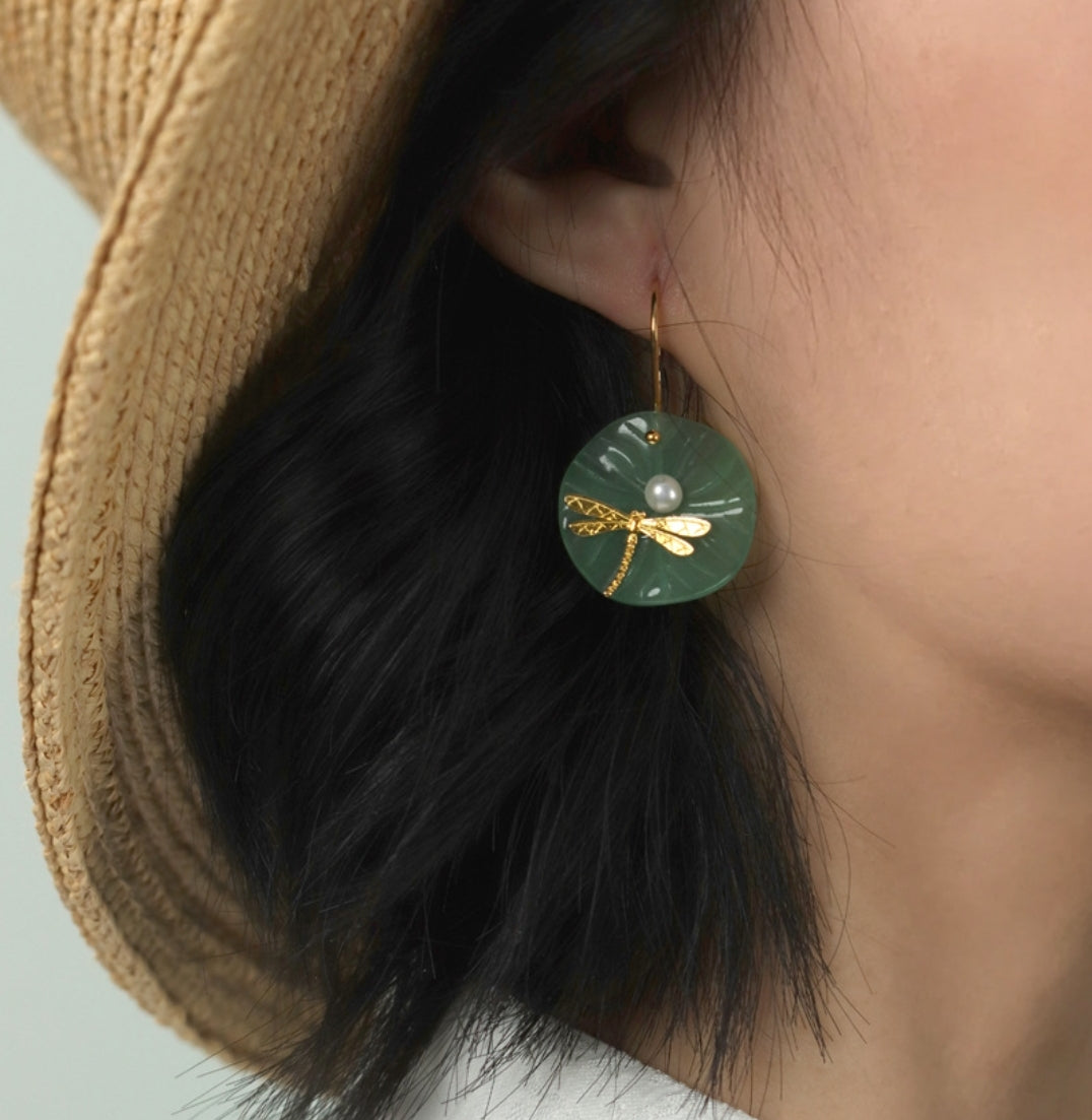 Circular Natural Jade with Pearl Dragonfly Hook Earrings