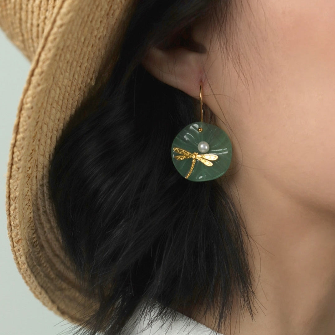 Green Lotus Leaf Jade Pearl Dragonfly Silver Drop Earrings