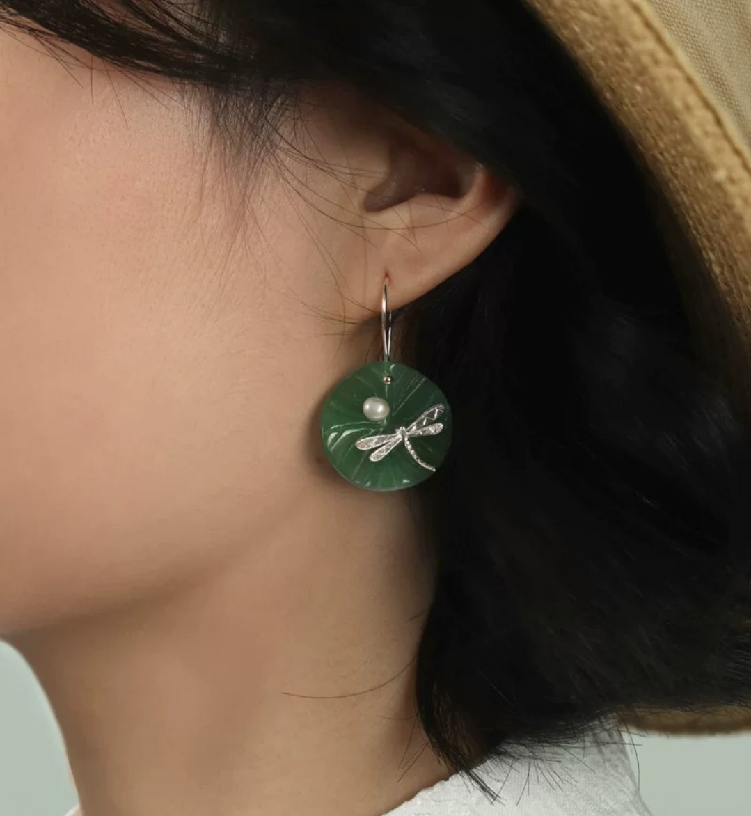 Circular Natural Jade with Pearl Dragonfly Hook Earrings
