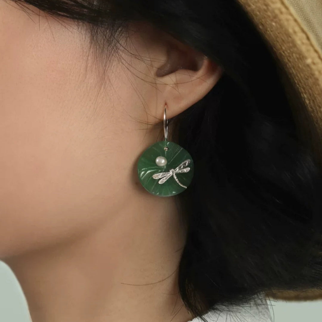Green Lotus Leaf Jade Pearl Dragonfly Silver Drop Earrings