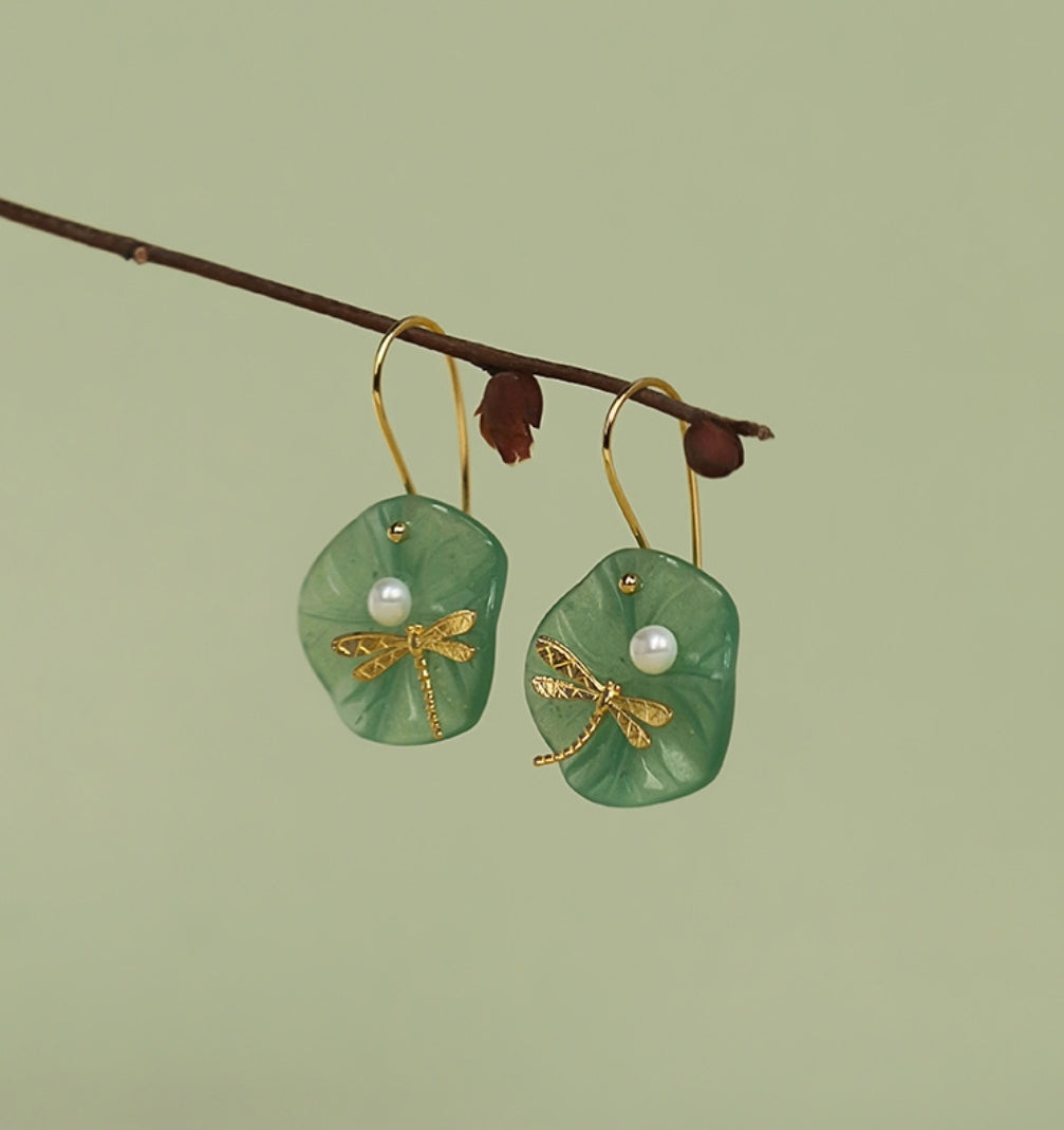 Circular Natural Jade with Pearl Dragonfly Hook Earrings