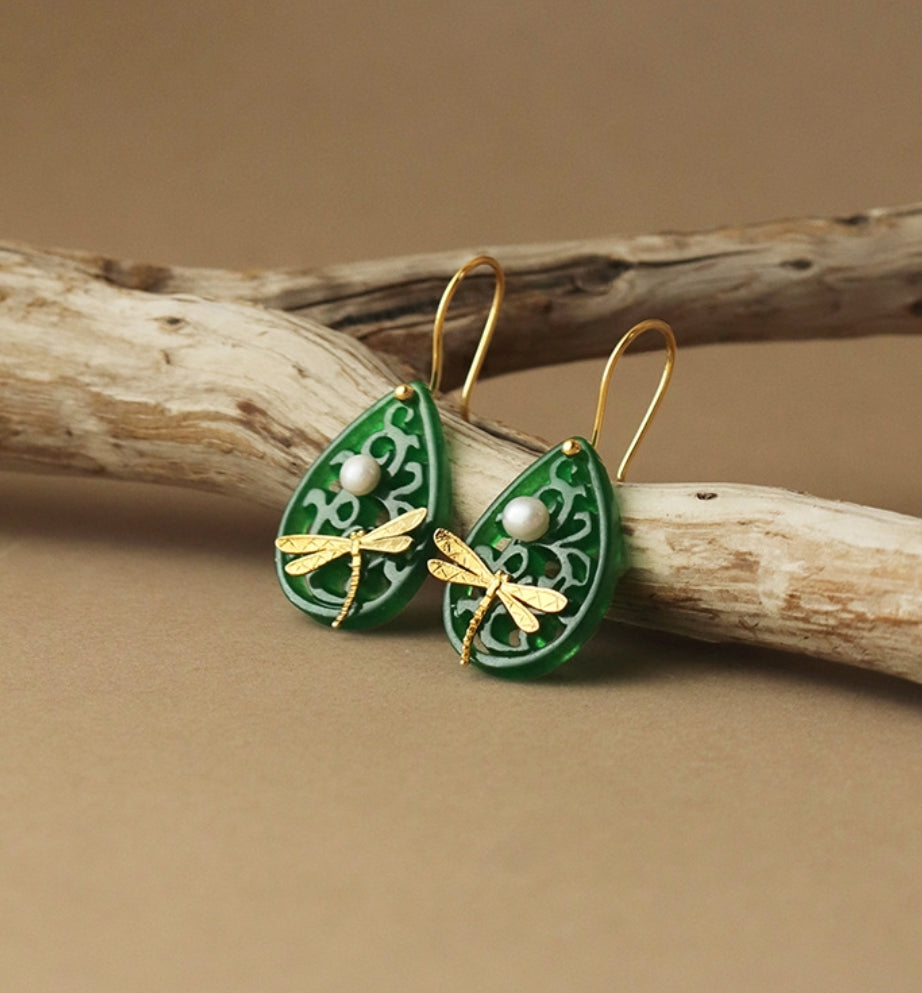 Lace Patterned Natural Jade with Pearl Dragonfly Hook Earrings