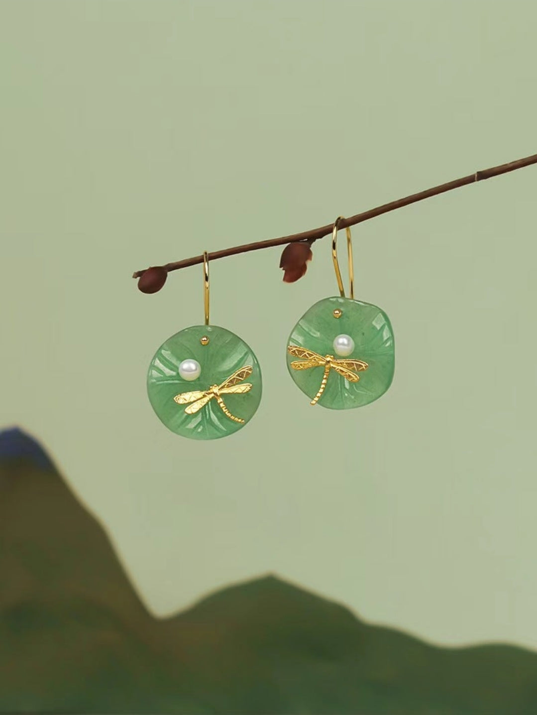 Circular Natural Jade with Pearl Dragonfly Hook Earrings