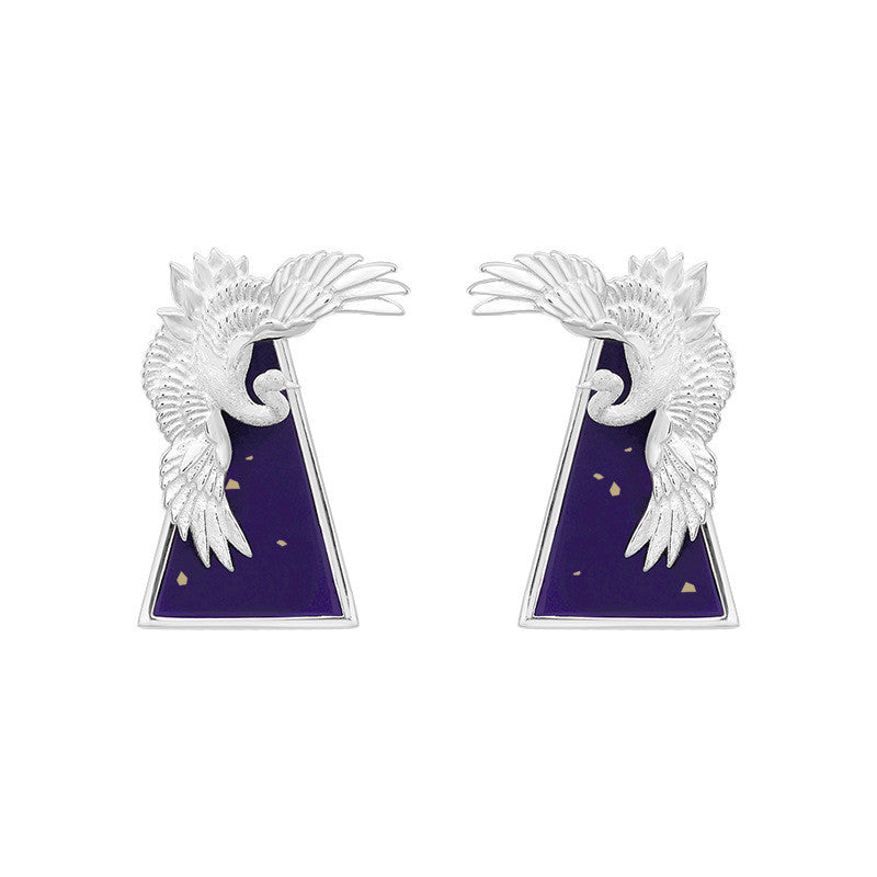 Botanic_garden_earrings_studs_sterling_silver_artificial_lapis_crane_bird_gold_plating