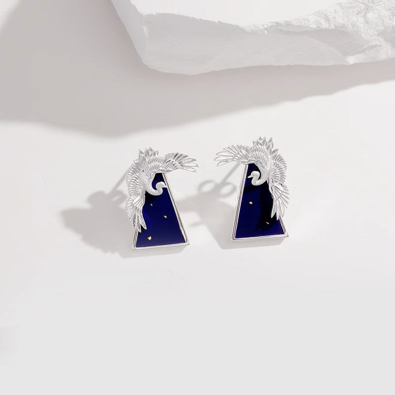 Botanic_garden_earrings_studs_sterling_silver_artificial_lapis_crane_bird_gold_plating