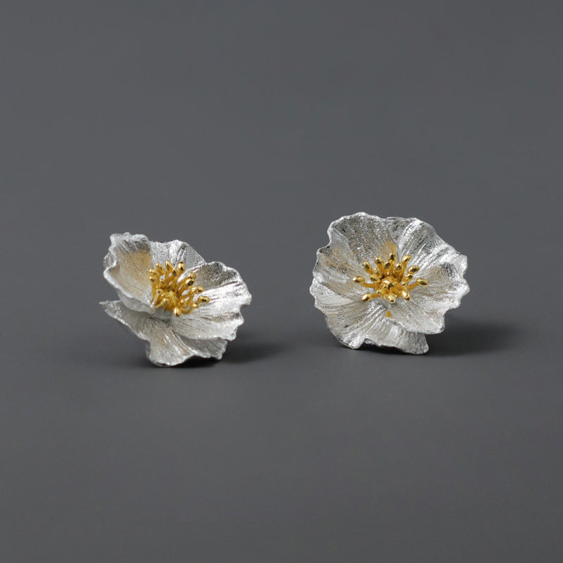 Large Sterling Silver Poppy Flower Stud Earrings