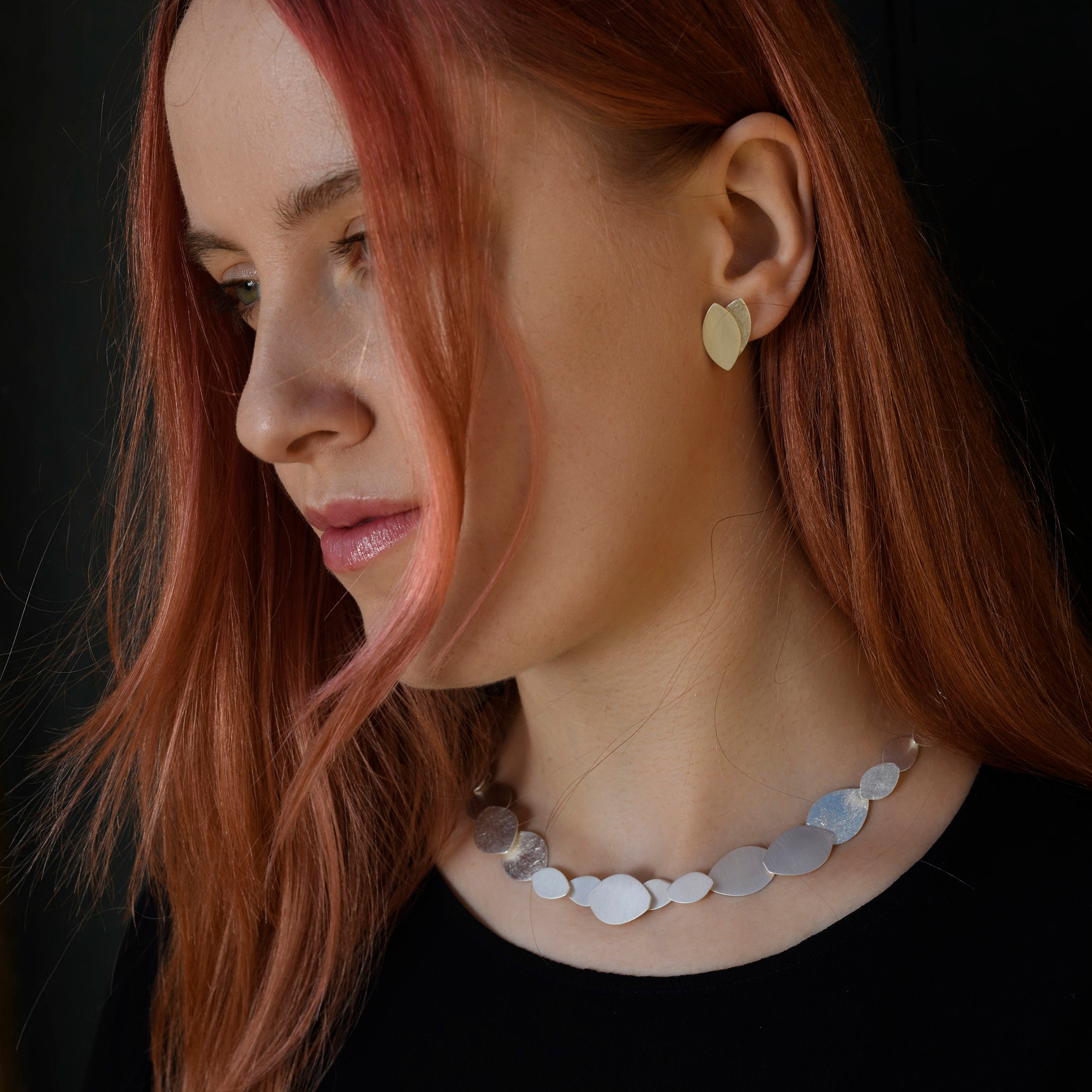 Silver Layered Oval Stud Earrings