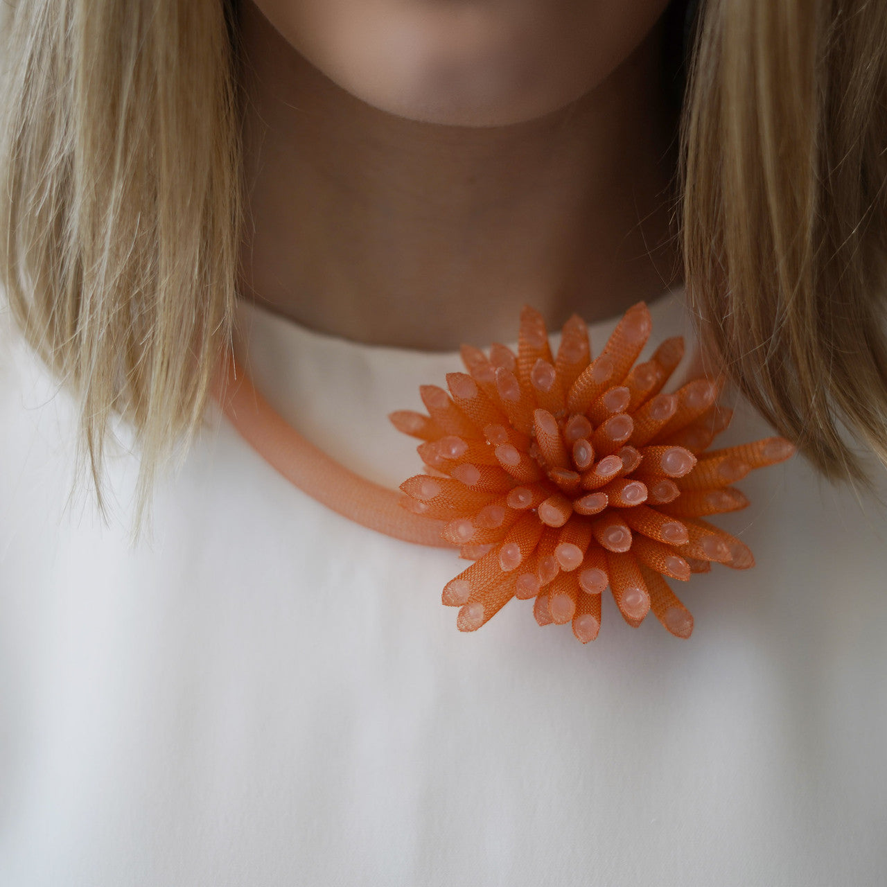 Tzuri_Gueta_handmade_statement_jewellery_silicone_viscose_flower_chunky_orange_choker_necklace