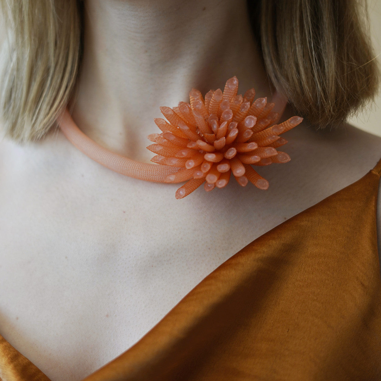 Tzuri_Gueta_handmade_statement_jewellery_silicone_viscose_flower_chunky_orange_choker_necklace
