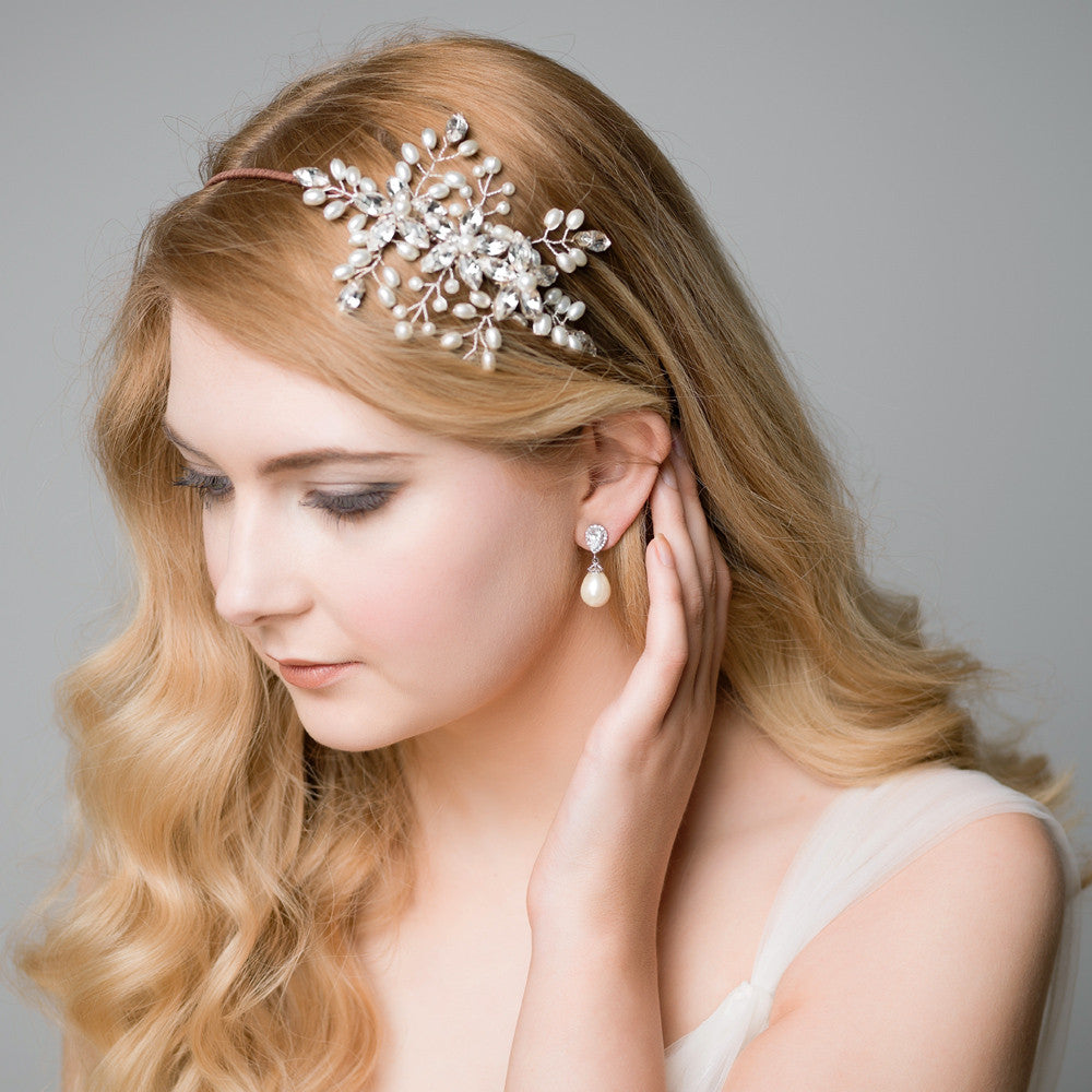 'Aimee' Dreams of Enchantment Flower Side Pearl Headpiece Wedding Bridal Tiara