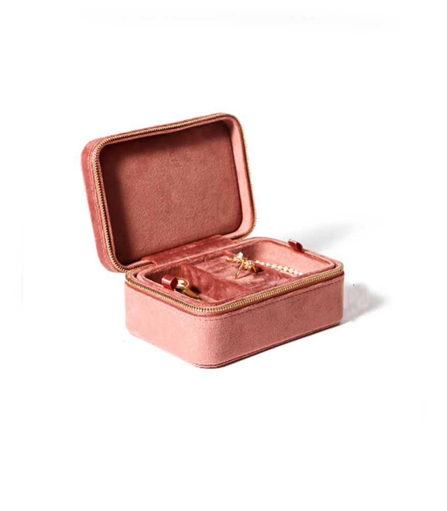 A velvet coloured, cinder pink jewellery storage box