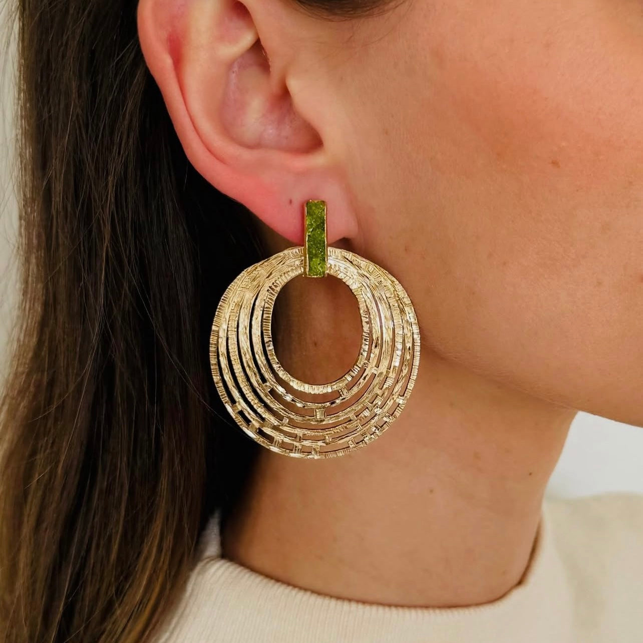 Large Textured Earrings with Green Peridot clusters