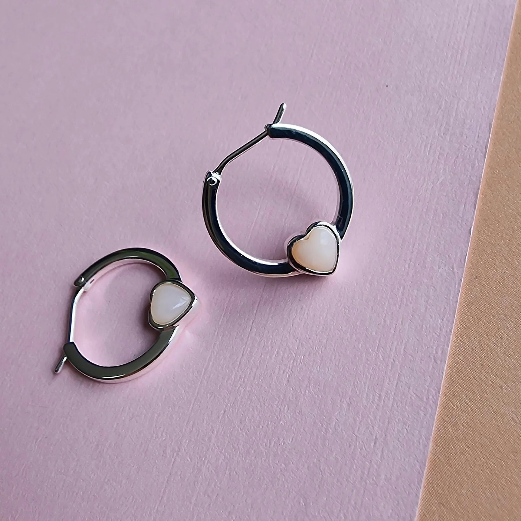 Silver Pink Opal Heart Hoop