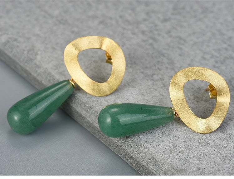 Gold Plated Circle Earrings With Chalcedony Green Stone Earrings