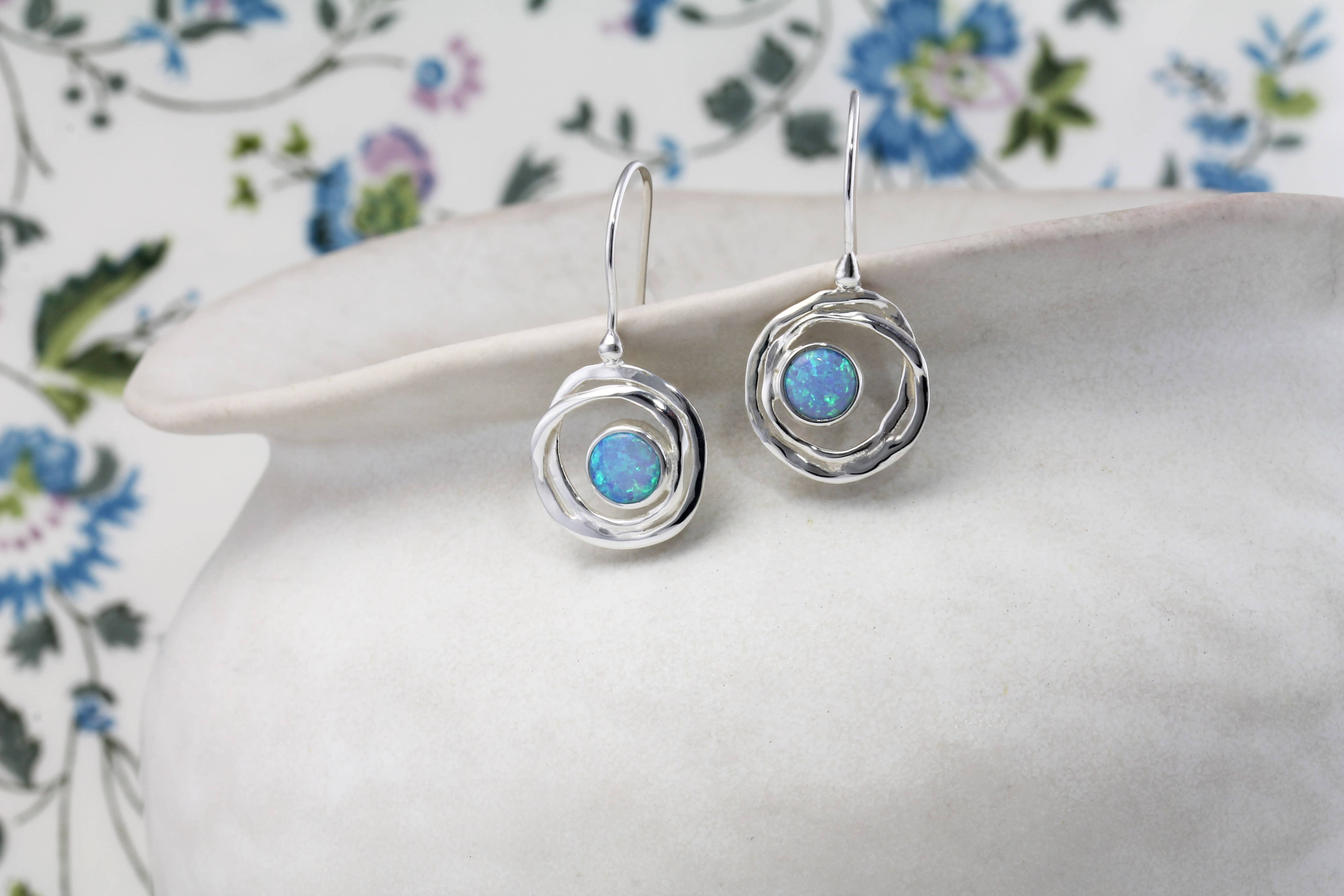Handmade Silver Blue Opalite Drop Earrings: Sterling Silver