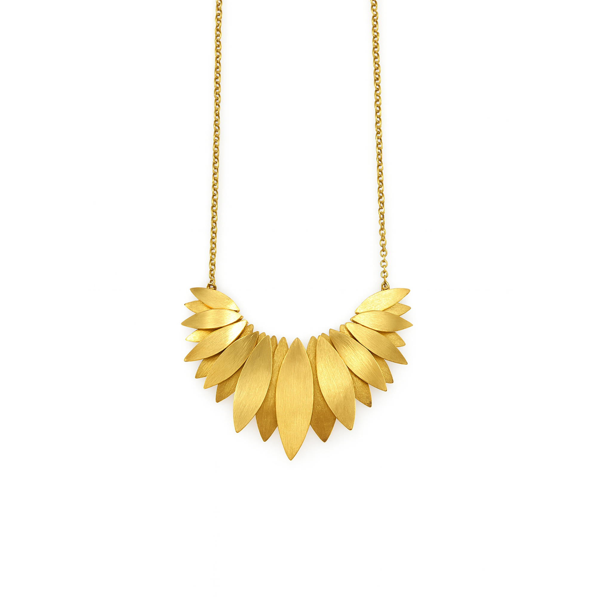 Brushed Gold Vermeil Silver Statement Long Necklace with Layered Petal Design