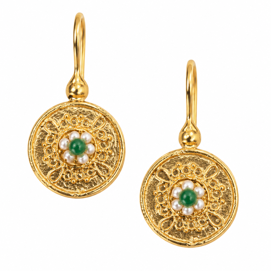 Gold Vermeil Round Drop Hook Earrings with Pearls and Green Stones