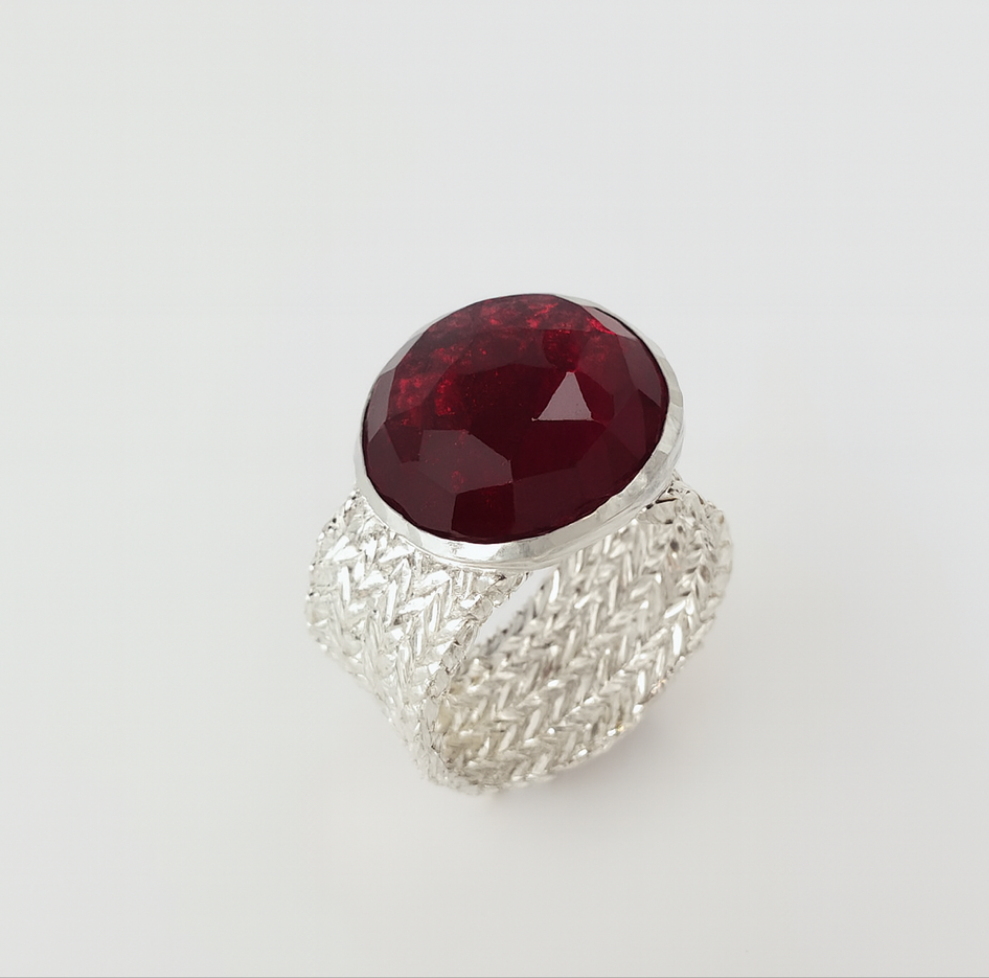 Silver Pleated Textured Statement Ring with Red Quartz