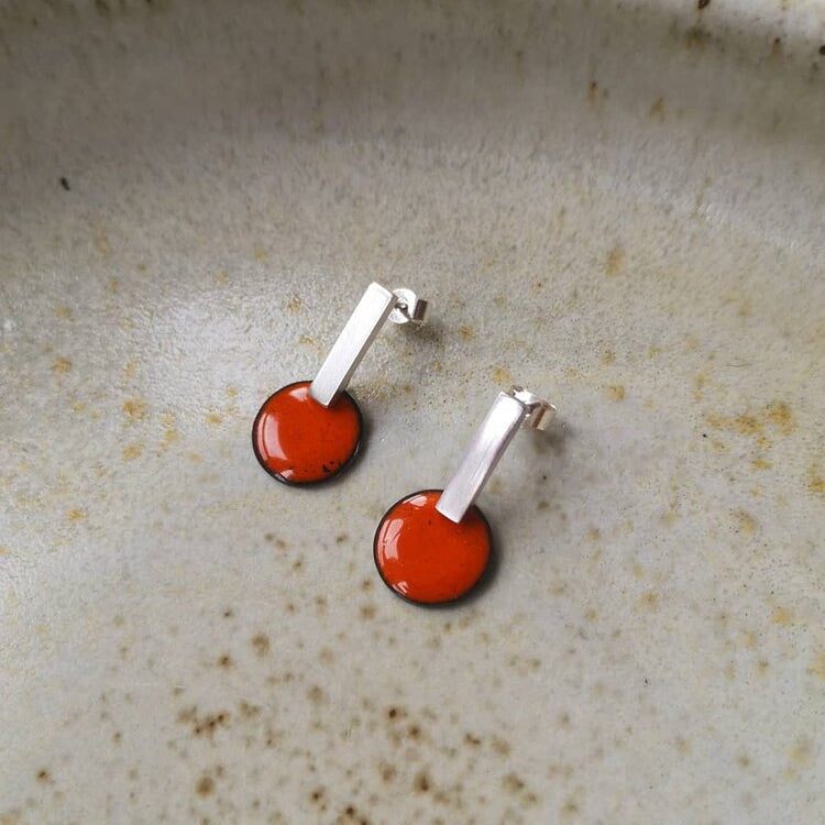Silver Bar & Enamel Dot Earring