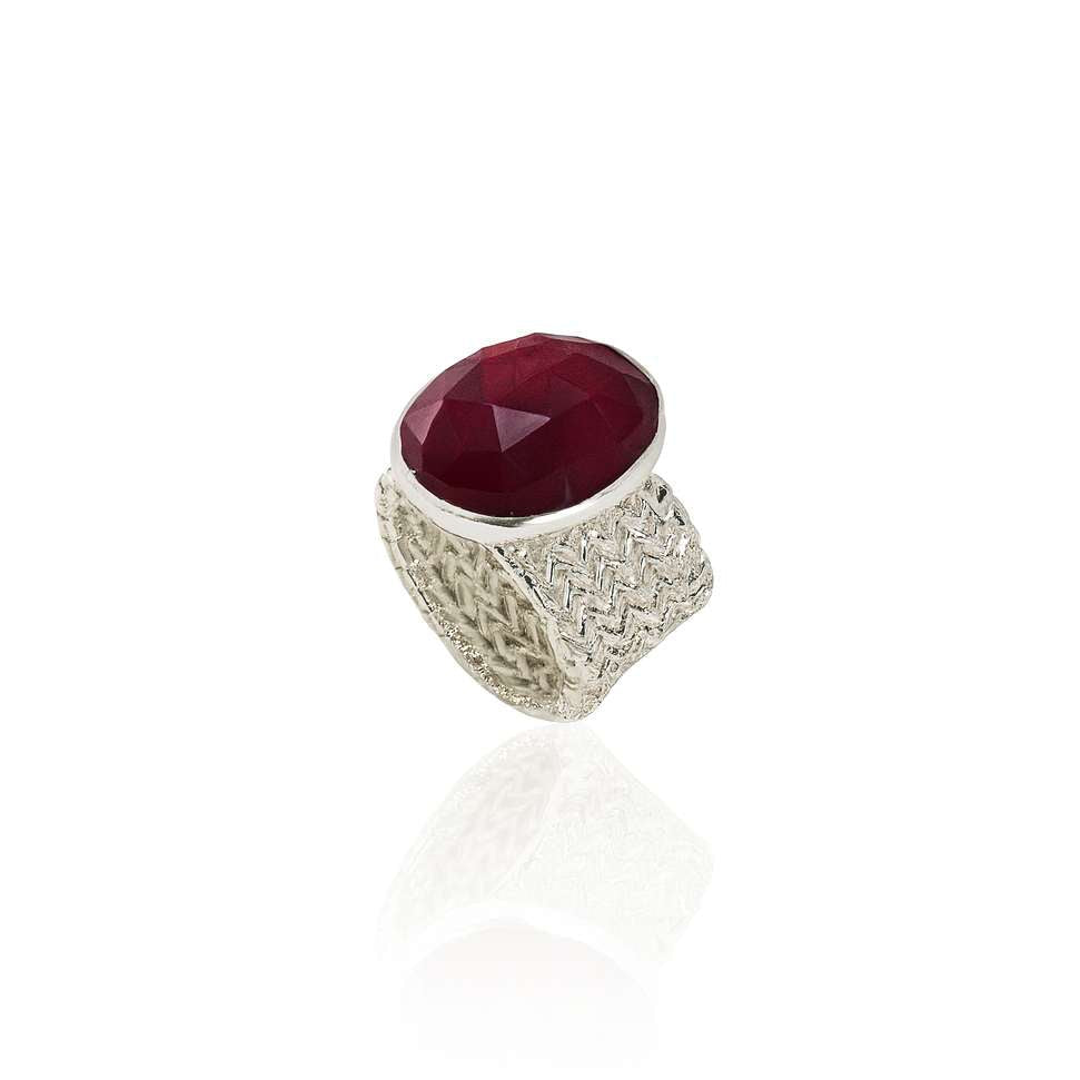 Silver Pleated Textured Statement Ring with Red Quartz