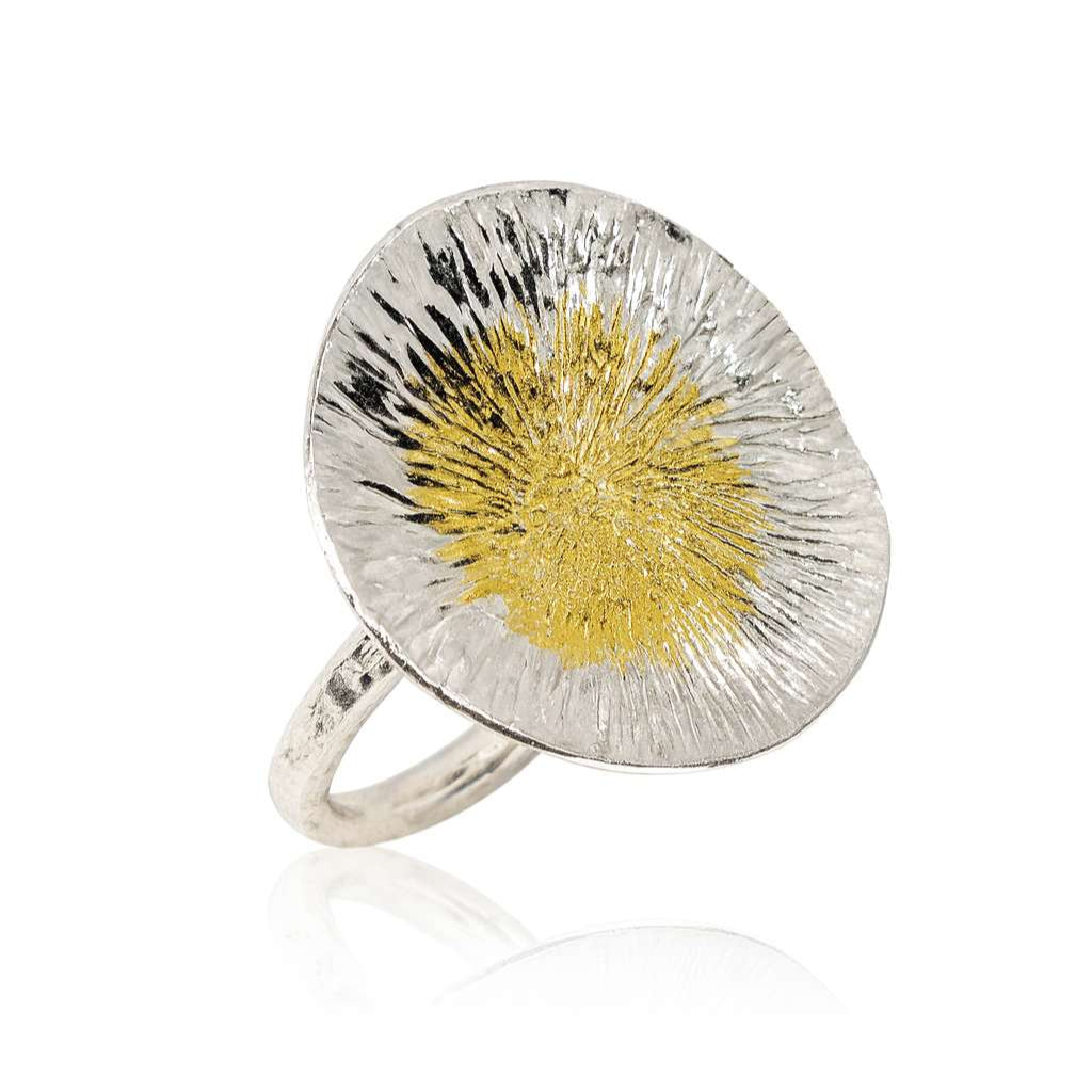 Silver Textured Circle Ring with Gold Detail
