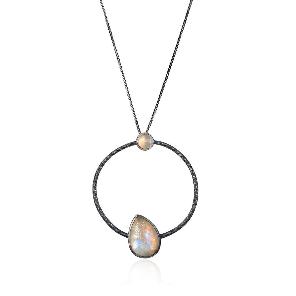 Long Circle Necklace with Teardrop Rainbow Moonstone