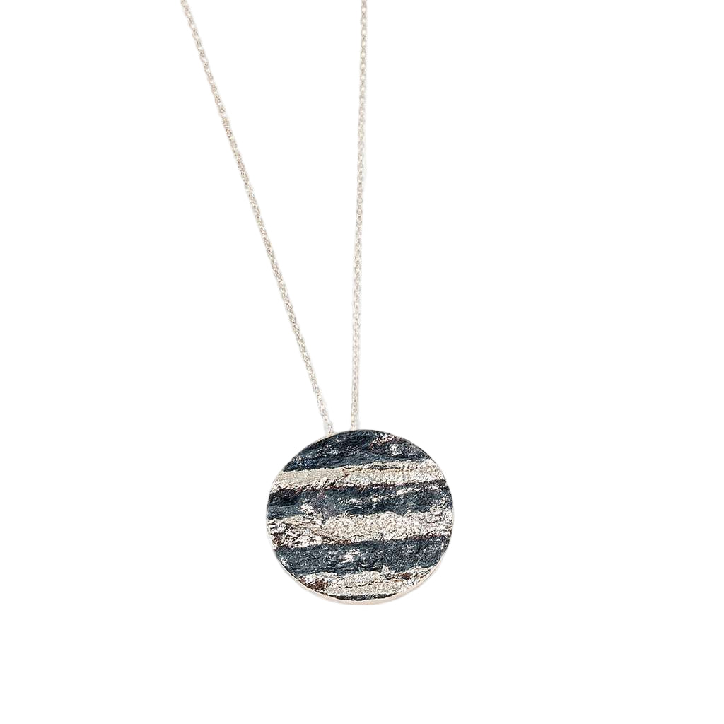 Striped Textured Circle Sterling Silver Necklace