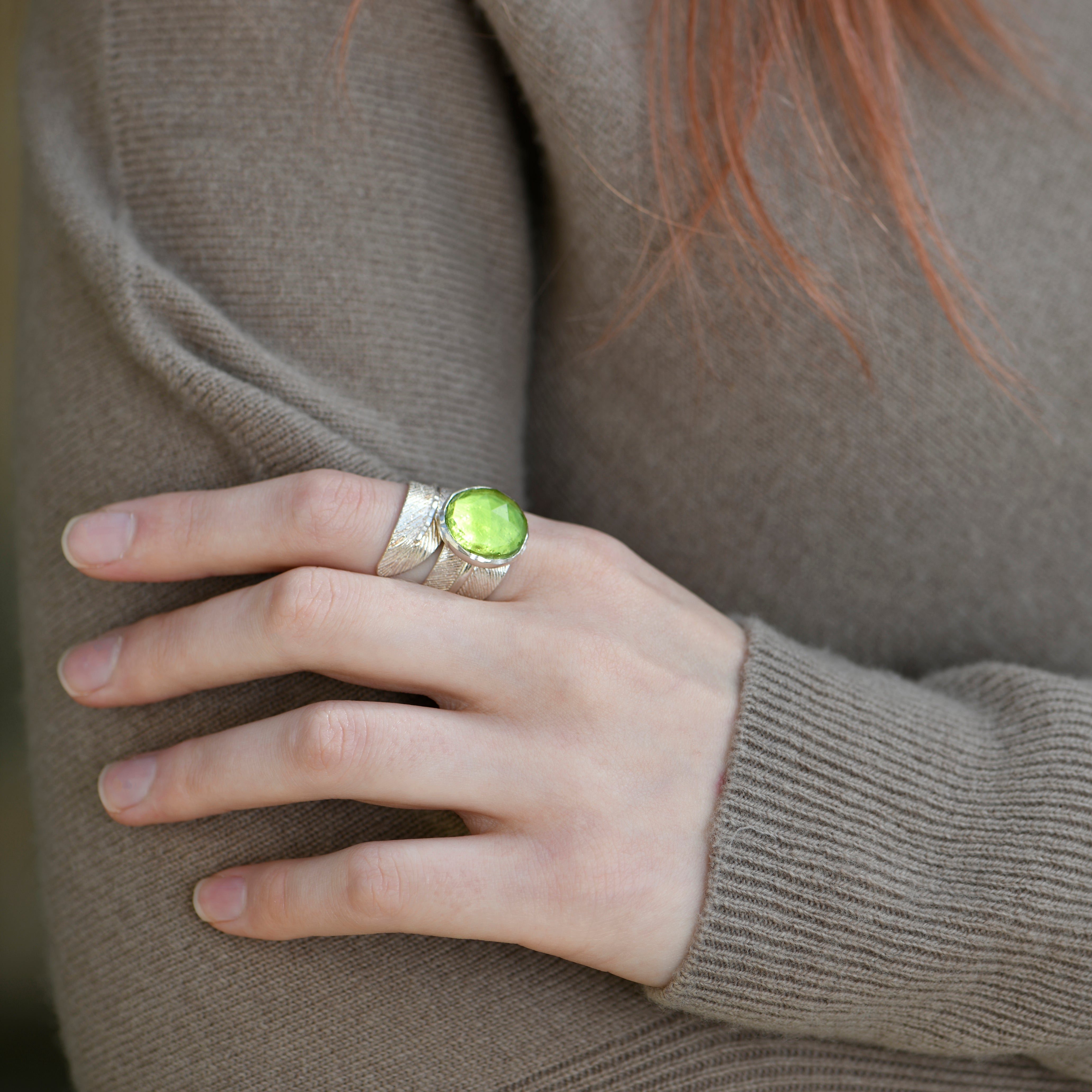 Silver Feather with Green Peridot Ring