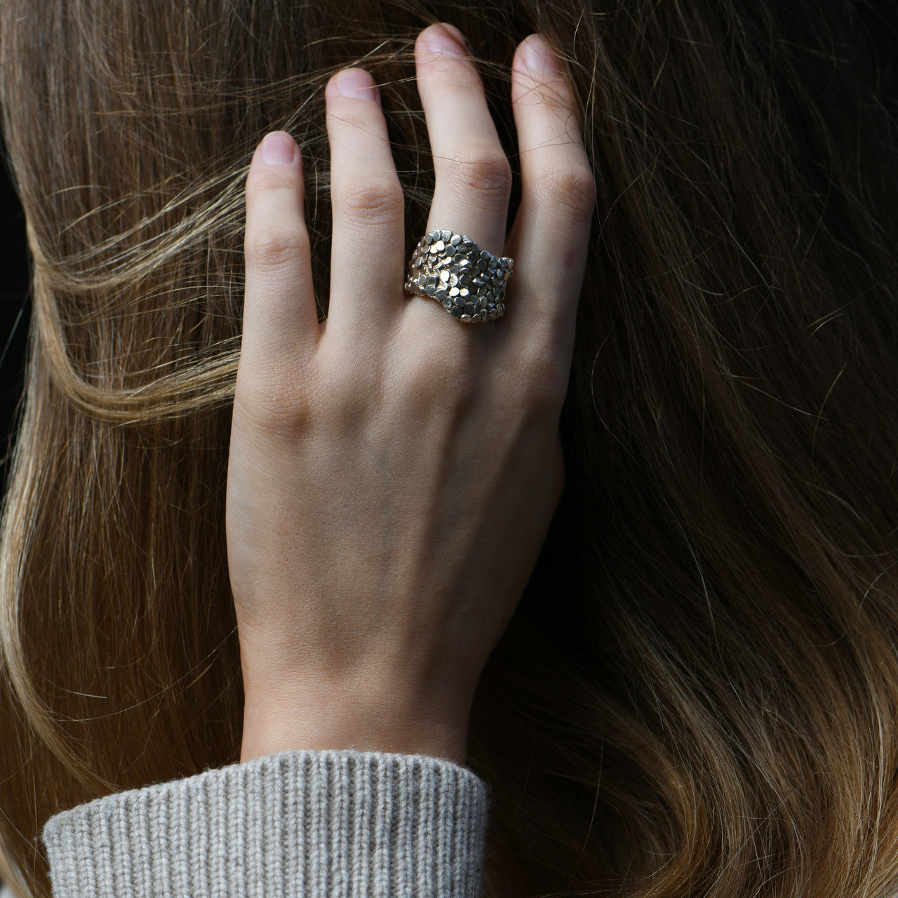 Jade_Mellor_handmade_jewellery_undulating_caddis_shimmer_ring_sterling_silver_statement_chunky_uneven_design