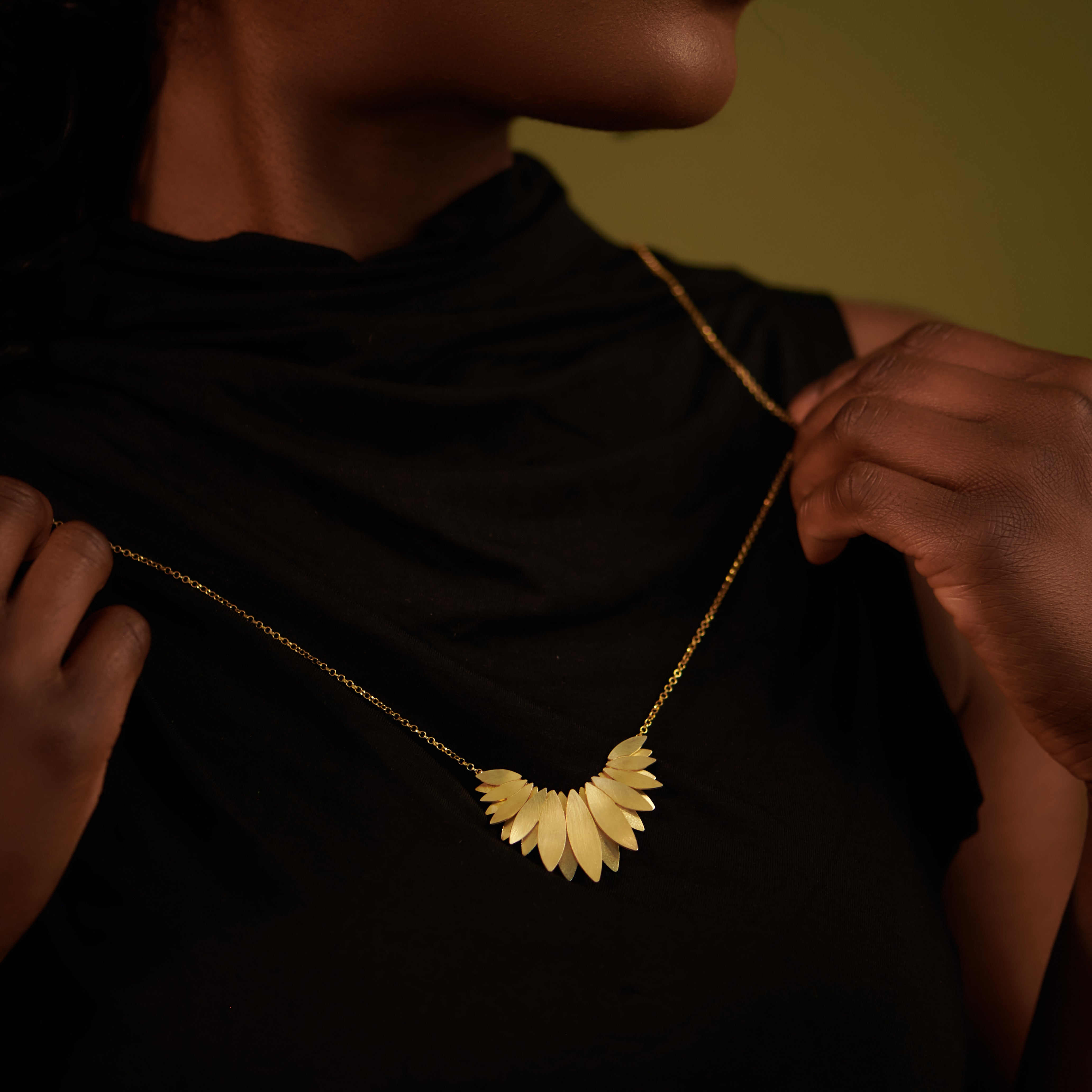Brushed Gold Vermeil Silver Statement Long Necklace with Layered Petal Design