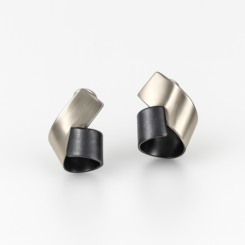 Sterling Silver Oxidised Twist Two Toned Bilbo Stud Earrings