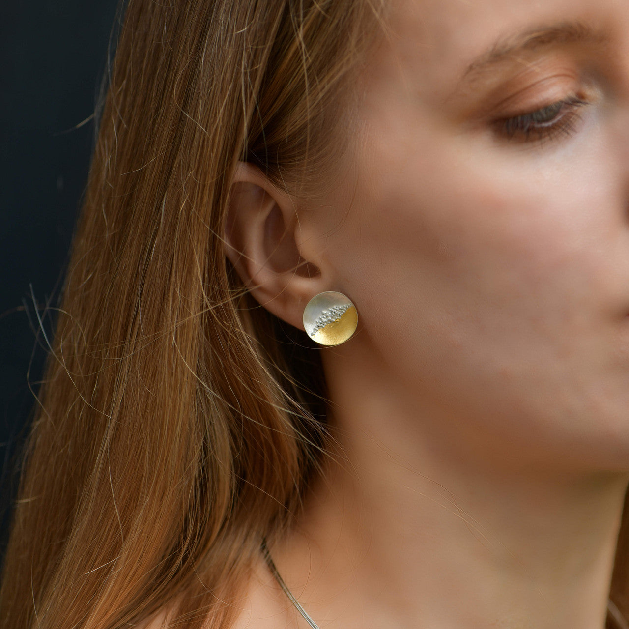Sterling Silver Granulated Disc Stud Earrings with Gold Details Handmade Jewellery by MarCucurella Spain Lily Luna Edinburgh Scotland