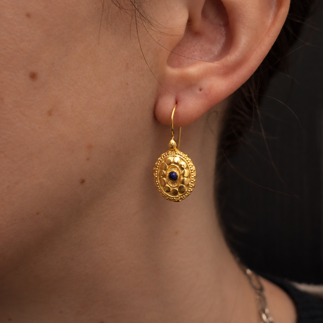 Gold Vermeil Decorative Oval Earrings with Lapis