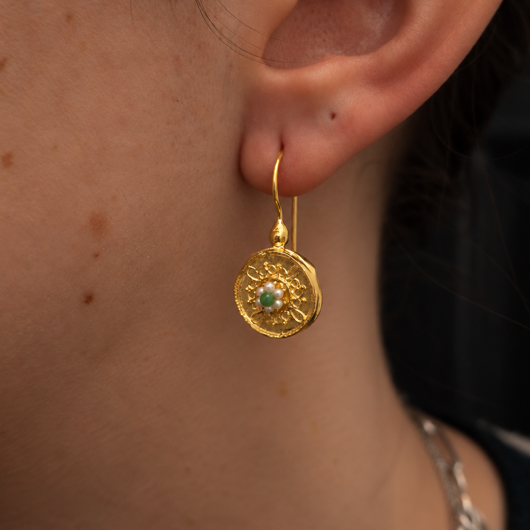 Gold Vermeil Round Drop Hook Earrings with Pearls and Green Stones