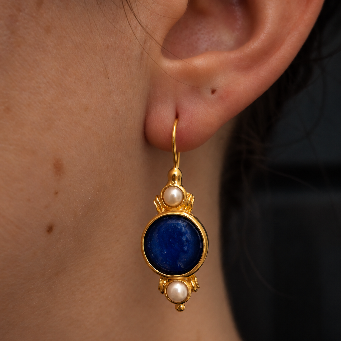 Gold Vermeil Drop Earrings With Blue Intaglio Glass and Pearl