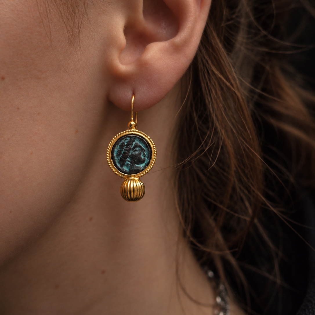 Gold Round Earrings with Patina Bronze and Drop Bead