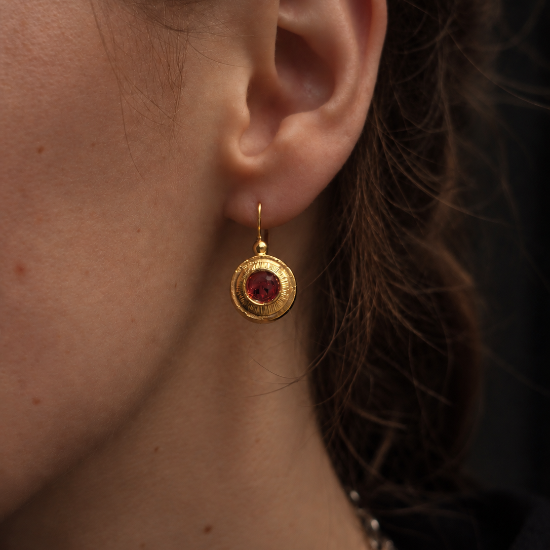 Small Gold Round Earrings with Red Garnet